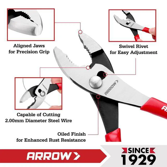 Alt view image 6 of 7 - 8" Slip Joint Pliers, Pliers Tool with Thick Dip-Grip Handle | Strong Grip Jaws, High Carbon Steel, Pliers for Gripping, Loosening Nuts and Bolts, Cutting Steel Wire