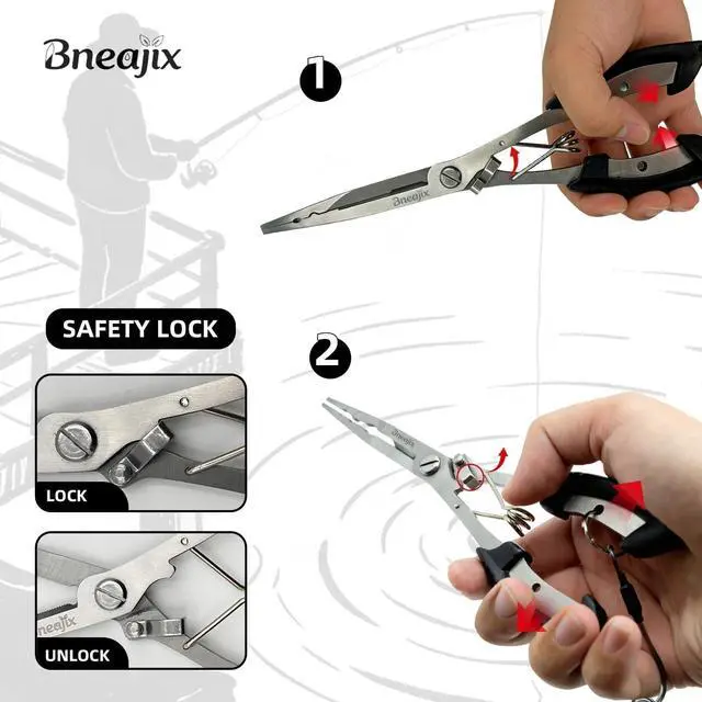 Alt view image 4 of 7 - Professional 8.4 Fishing Plier with Safety Lock and Anti Loss Rope | Multi-function long nose hook remover, line cutter, crimper; rustproof stainless steel for saltwater & freshwater fishing