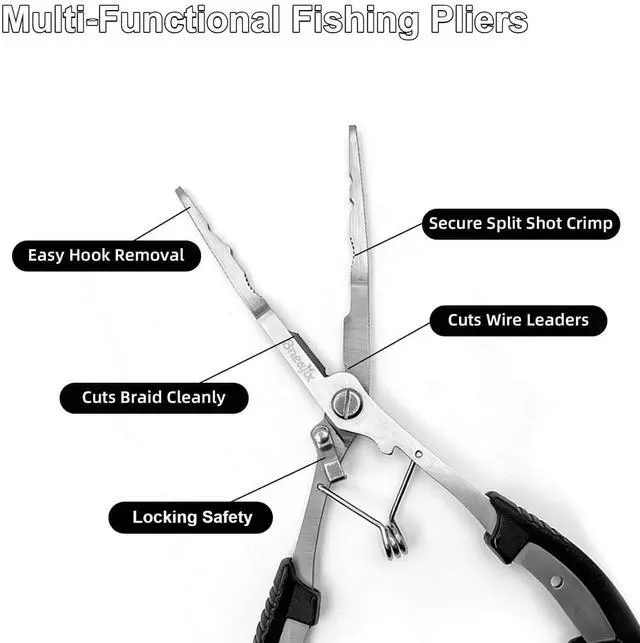 Alt view image 3 of 7 - Professional 8.4 Fishing Plier with Safety Lock and Anti Loss Rope | Multi-function long nose hook remover, line cutter, crimper; rustproof stainless steel for saltwater & freshwater fishing