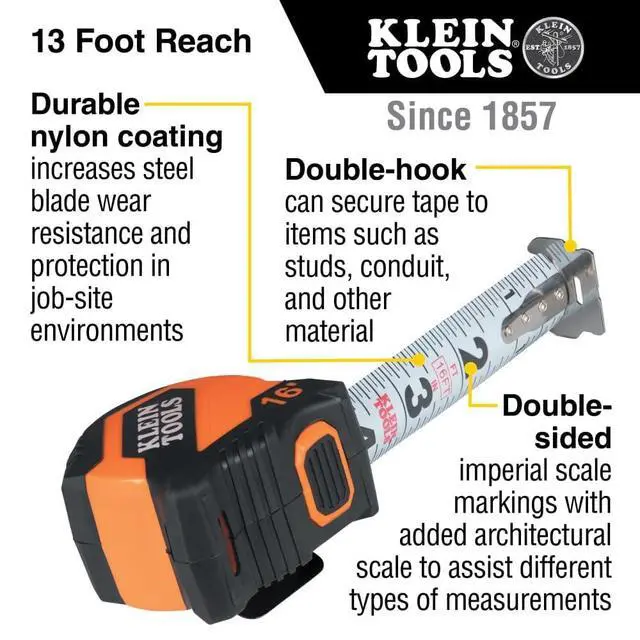 Alt view image 2 of 7 - 9516 Tape Measure, 16-Foot Compact Double-Hook Imperial Measuring Tape with Finger Brake, Nylon Blade, Easy to Read Bold Lines