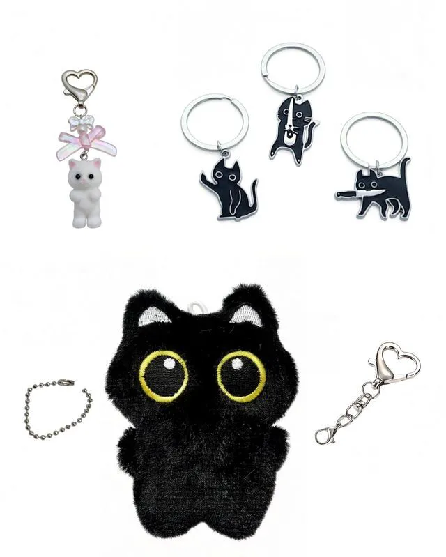 Main image of 5 Pieces Cat Keychains Set, Mini Birthday Fashion Gifts for Women | Black Cat Plush Cure Squeaky Backpack Pendant, Metal Cat Keyrings, Cute White Cat Charm, Cool Cat Creative Car Keychain