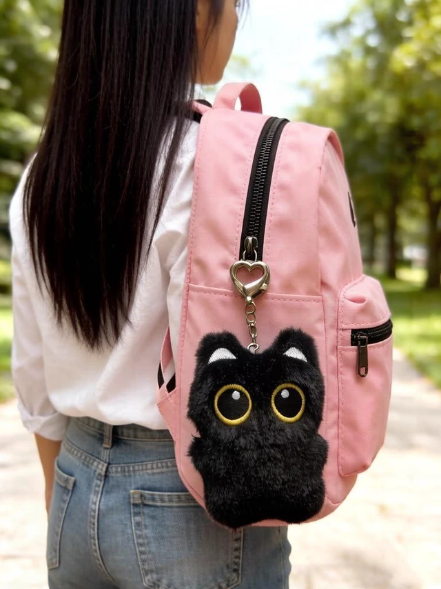 Alt view image 2 of 7 - 5 Pieces Cat Keychains Set, Mini Birthday Fashion Gifts for Women | Black Cat Plush Cure Squeaky Backpack Pendant, Metal Cat Keyrings, Cute White Cat Charm, Cool Cat Creative Car Keychain