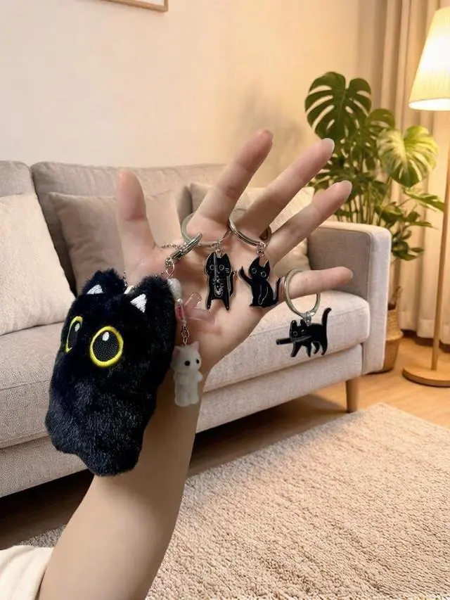 Alt view image 7 of 7 - 5 Pieces Cat Keychains Set, Mini Birthday Fashion Gifts for Women | Black Cat Plush Cure Squeaky Backpack Pendant, Metal Cat Keyrings, Cute White Cat Charm, Cool Cat Creative Car Keychain