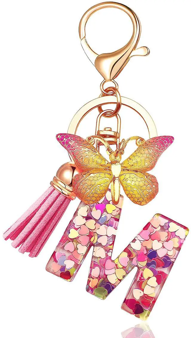 Main image of Butterfly Initial Letter Keychain Bag Charms for Women (M-Pink) | Cute pendant accessories for purses, handbags, backpacks, car keys, small gift for young women, mothers, teachers