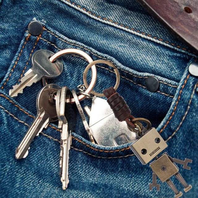 Alt view image 3 of 7 - Vintage Key Chain, Metal Robot Leather Hand Woven Key Rings | Personality Cute Robot Keychain Faux Cowhide Strap Key Ring Decoration Gift for Anniversary Party Graduation