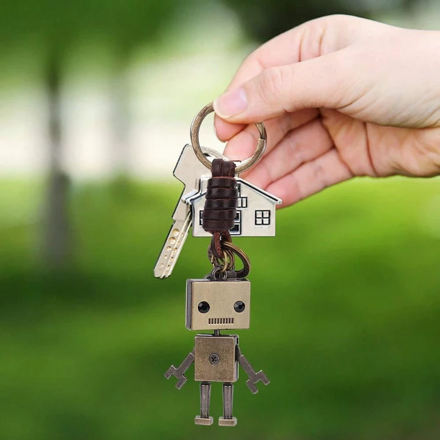 Alt view image 6 of 7 - Vintage Key Chain, Metal Robot Leather Hand Woven Key Rings | Personality Cute Robot Keychain Faux Cowhide Strap Key Ring Decoration Gift for Anniversary Party Graduation