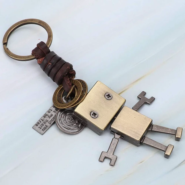 Alt view image 7 of 7 - Vintage Key Chain, Metal Robot Leather Hand Woven Key Rings | Personality Cute Robot Keychain Faux Cowhide Strap Key Ring Decoration Gift for Anniversary Party Graduation
