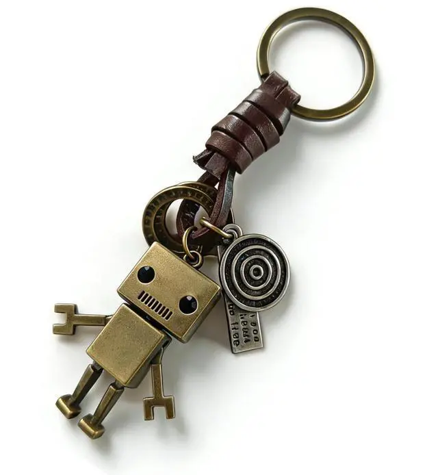 Main image of Vintage Robot Pendant Keychain - Handcrafted Genuine Leather Braided Key Ring with Zinc Alloy Metal Charm,Retro Unique Punk Style Gift for Birthday Anniversary Christmas Graduation Party