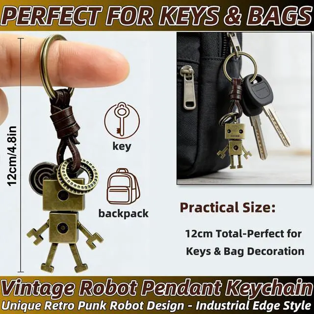 Alt view image 2 of 5 - Vintage Robot Pendant Keychain - Handcrafted Genuine Leather Braided Key Ring with Zinc Alloy Metal Charm,Retro Unique Punk Style Gift for Birthday Anniversary Christmas Graduation Party
