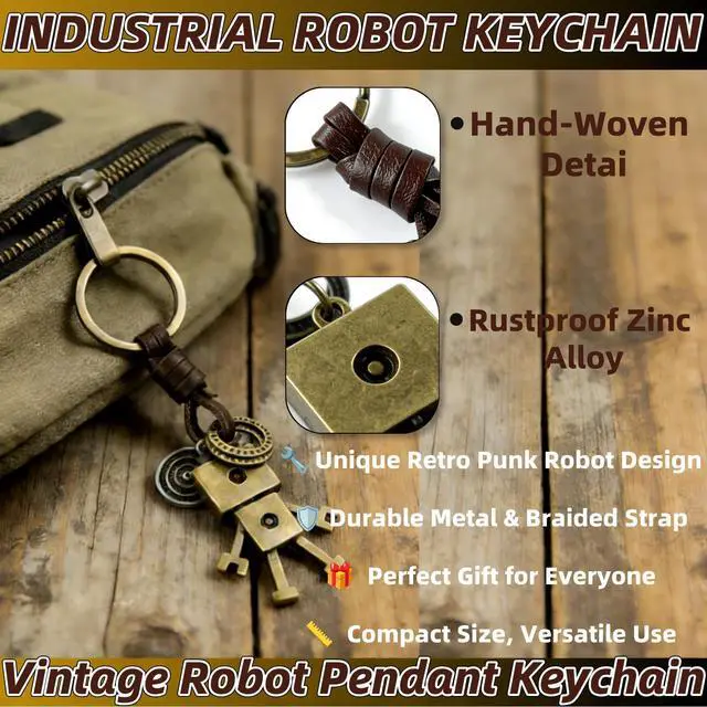 Alt view image 3 of 5 - Vintage Robot Pendant Keychain - Handcrafted Genuine Leather Braided Key Ring with Zinc Alloy Metal Charm,Retro Unique Punk Style Gift for Birthday Anniversary Christmas Graduation Party