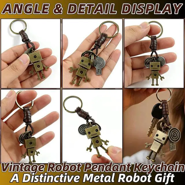 Alt view image 4 of 5 - Vintage Robot Pendant Keychain - Handcrafted Genuine Leather Braided Key Ring with Zinc Alloy Metal Charm,Retro Unique Punk Style Gift for Birthday Anniversary Christmas Graduation Party