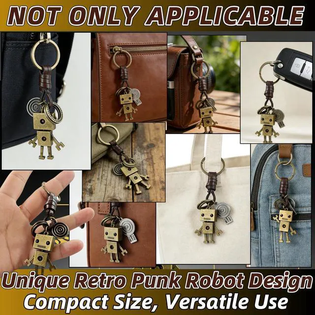Alt view image 5 of 5 - Vintage Robot Pendant Keychain - Handcrafted Genuine Leather Braided Key Ring with Zinc Alloy Metal Charm,Retro Unique Punk Style Gift for Birthday Anniversary Christmas Graduation Party
