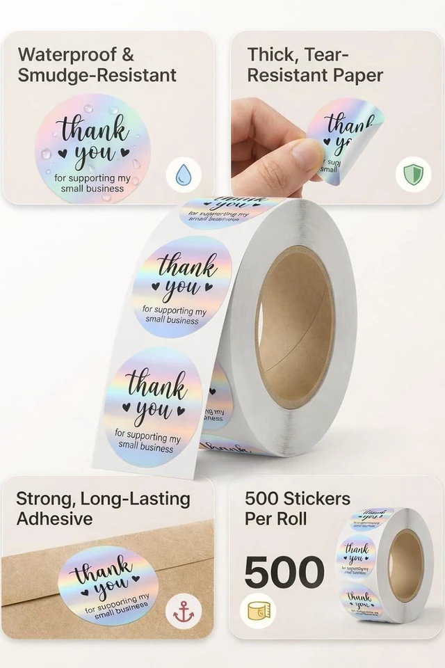 Alt view image 2 of 7 - 500 PCS Holographic Thank You for Supporting My Small Business Stickers | Bulk 500 sticker roll; seals envelopes, bags, boxes and tissue paper; rainbow foil for orders, gifts and thank you tags