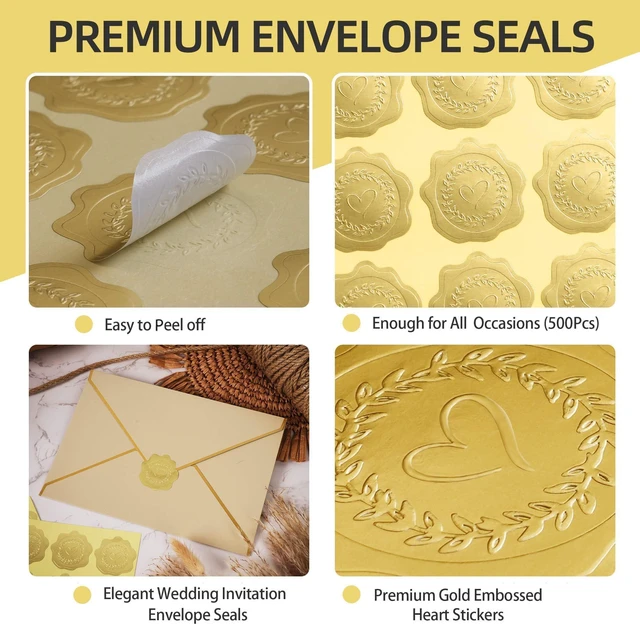 Alt view image 3 of 7 - Embossed Gold Foil Stickers, 100 Pcs Gold Heart-Love Envelope Seal | For Envelopes, Wedding Invitations, Christmas Greeting Cards, Party favor Gift Wrapping Decoration