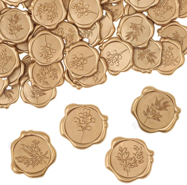 Main image of Wax Seal Stickers, 60 Pcs, Light Gold, 4 Leaf Styles | Self-Adhesive, Composite Wax, Shiny Finish, 4 Styles, For Wedding Invitations, Cards, Envelopes, Gift Wrap