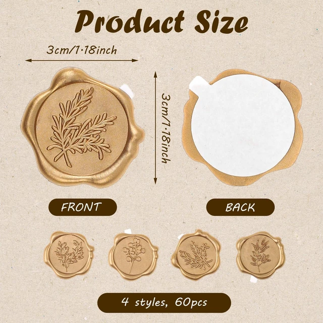 Alt view image 2 of 7 - Wax Seal Stickers, 60 Pcs, Light Gold, 4 Leaf Styles | Self-Adhesive, Composite Wax, Shiny Finish, 4 Styles, For Wedding Invitations, Cards, Envelopes, Gift Wrap
