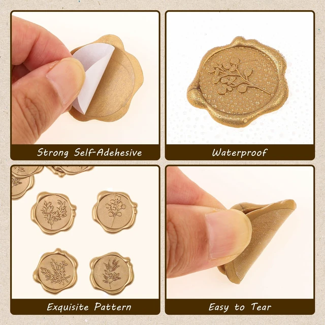 Alt view image 3 of 7 - Wax Seal Stickers, 60 Pcs, Light Gold, 4 Leaf Styles | Self-Adhesive, Composite Wax, Shiny Finish, 4 Styles, For Wedding Invitations, Cards, Envelopes, Gift Wrap