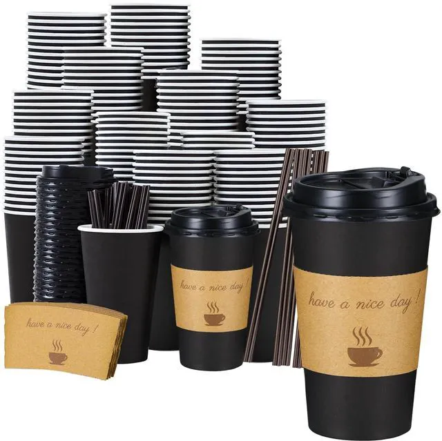 Main image of 16 oz Coffee Cups 50 Pack, Disposable To Go Paper Cups with Lid | Hot Insulated Cups with Lids, Stir Sticks and Sleeves for Cold Drinks, Tea and Latte, Cafe, Travel and Home Use