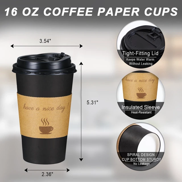 Alt view image 2 of 6 - 16 oz Coffee Cups 50 Pack, Disposable To Go Paper Cups with Lid | Hot Insulated Cups with Lids, Stir Sticks and Sleeves for Cold Drinks, Tea and Latte, Cafe, Travel and Home Use