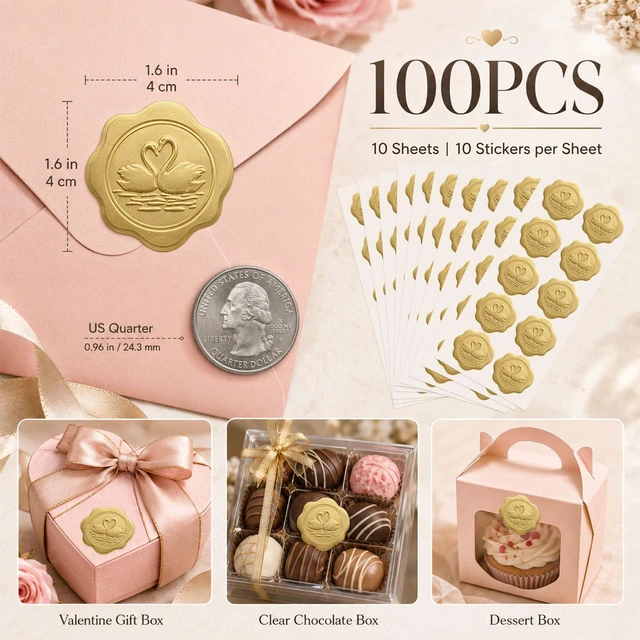 Alt view image 7 of 7 - 100PCS Swan Seal Stickers for Wedding Invitations, Embossed Envelope Seal Labels, Romantic Gift Packaging & Dessert Box Stickers for Valentines Day, Bridal Shower, Anniversary, 1.6 Inch (Matt Gold)