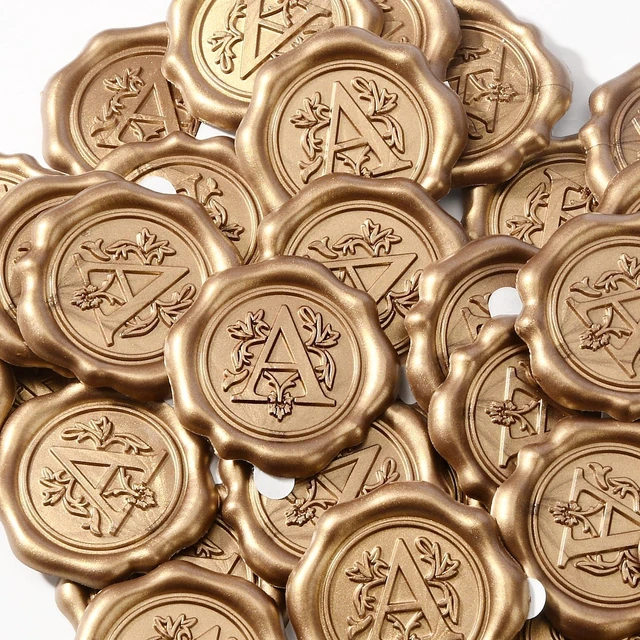 Alt view image 2 of 7 - Antique Gold Initial Alphabet Adhesive Wax Seal Stickers, Letter A,50-Pack | Letter Wax Seals for Thanksgiving Card, Gift Wrap, Wedding / Engagement Party Invitation, Self-Adhesive, No Wax Gun Needed