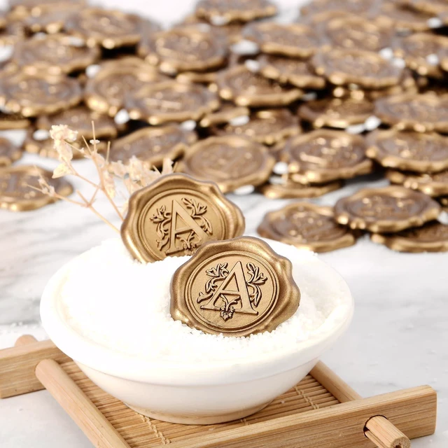 Alt view image 3 of 7 - Antique Gold Initial Alphabet Adhesive Wax Seal Stickers, Letter A,50-Pack | Letter Wax Seals for Thanksgiving Card, Gift Wrap, Wedding / Engagement Party Invitation, Self-Adhesive, No Wax Gun Needed