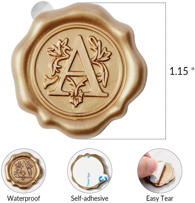 Alt view image 6 of 7 - Antique Gold Initial Alphabet Adhesive Wax Seal Stickers, Letter A,50-Pack | Letter Wax Seals for Thanksgiving Card, Gift Wrap, Wedding / Engagement Party Invitation, Self-Adhesive, No Wax Gun Needed