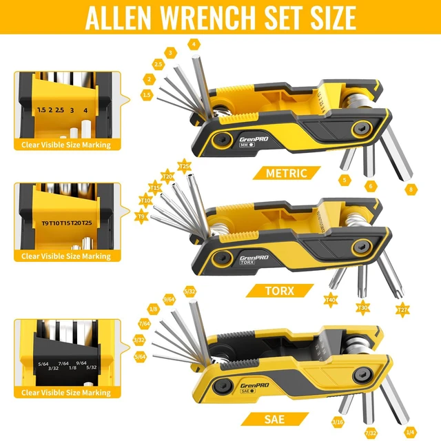 Alt view image 2 of 7 - 3 Pack Folding Allen Wrenches Set Metric&SAE Hex Key Torx Star Tool | 25PC Allen Key Set CR-V Steel, Compact Portable Design For Bike Assembly & Repair Multifunctional Tools