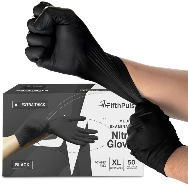 Main image of Disposable Black Nitrile Gloves Large 50 Count - Extra Thick 4.5 Mil - Powder and Latex Free Rubber Gloves - Surgical Medical Exam Gloves - Food Safe Cooking Gloves