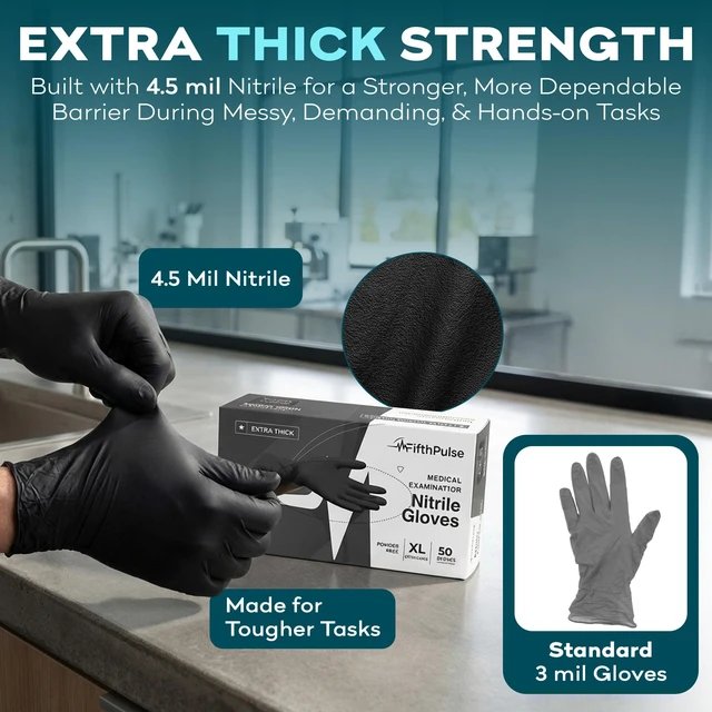 Alt view image 2 of 7 - Disposable Black Nitrile Gloves Large 50 Count - Extra Thick 4.5 Mil - Powder and Latex Free Rubber Gloves - Surgical Medical Exam Gloves - Food Safe Cooking Gloves