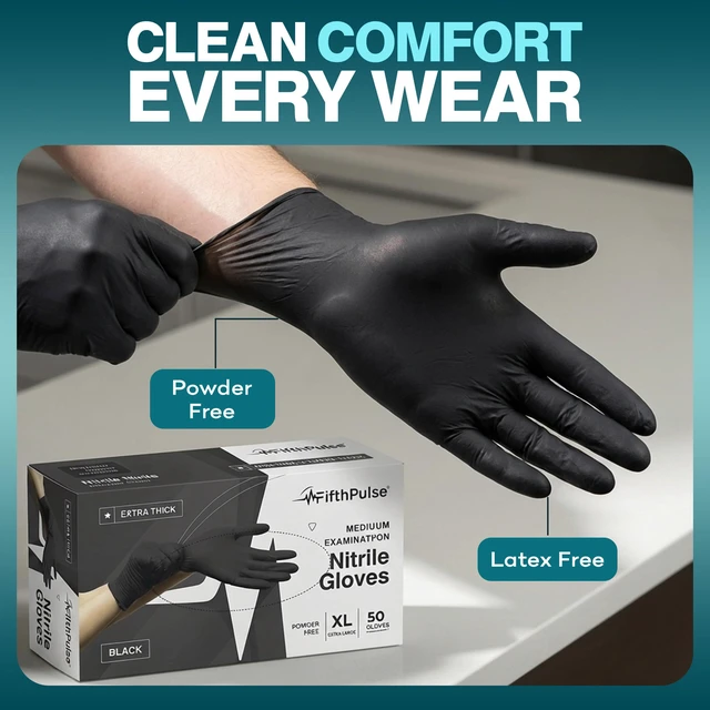 Alt view image 4 of 7 - Disposable Black Nitrile Gloves Large 50 Count - Extra Thick 4.5 Mil - Powder and Latex Free Rubber Gloves - Surgical Medical Exam Gloves - Food Safe Cooking Gloves