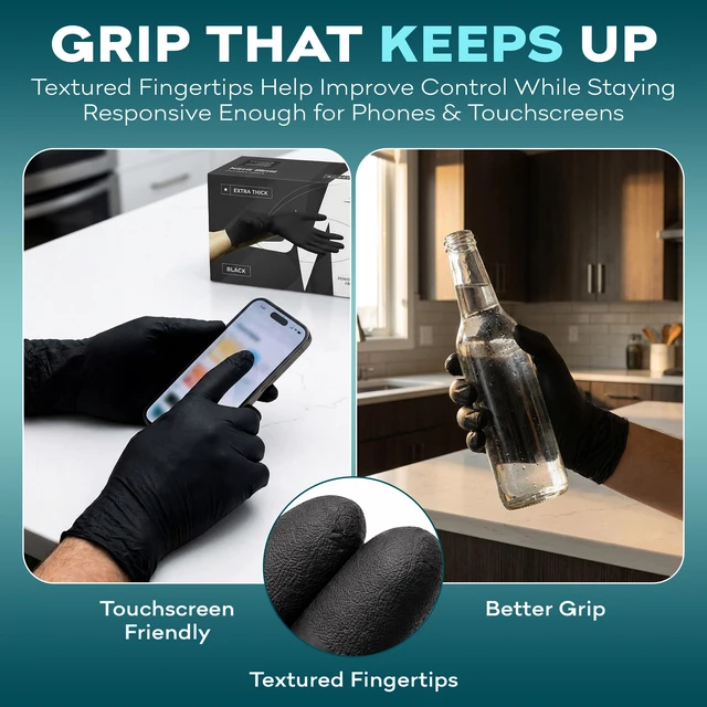 Alt view image 5 of 7 - Disposable Black Nitrile Gloves Large 50 Count - Extra Thick 4.5 Mil - Powder and Latex Free Rubber Gloves - Surgical Medical Exam Gloves - Food Safe Cooking Gloves