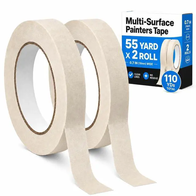 Main image of White Masking Tape, 2 Rolls, 0.7 in x 55 yd Each, White Painters Tape for Painting, Painters Tape for Walls, Paint Tape for Labeling, Crafts, Home Office, Easy Tear, No Residue up to 7 Days