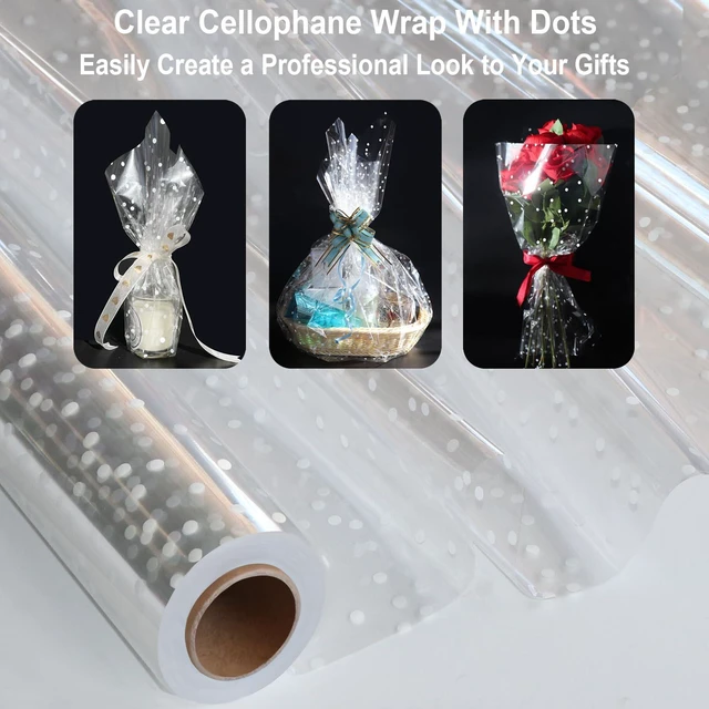 Alt view image 4 of 6 - 100 ftx34 in Extra Wide Clear Cellophane Wrap Roll with Irregular White Dot, Transparent Thicker Cellophane Roll, Gift Baskets Wrap Cellophane Film for Treats, Gifts, Holiday, Christmas Wrapping