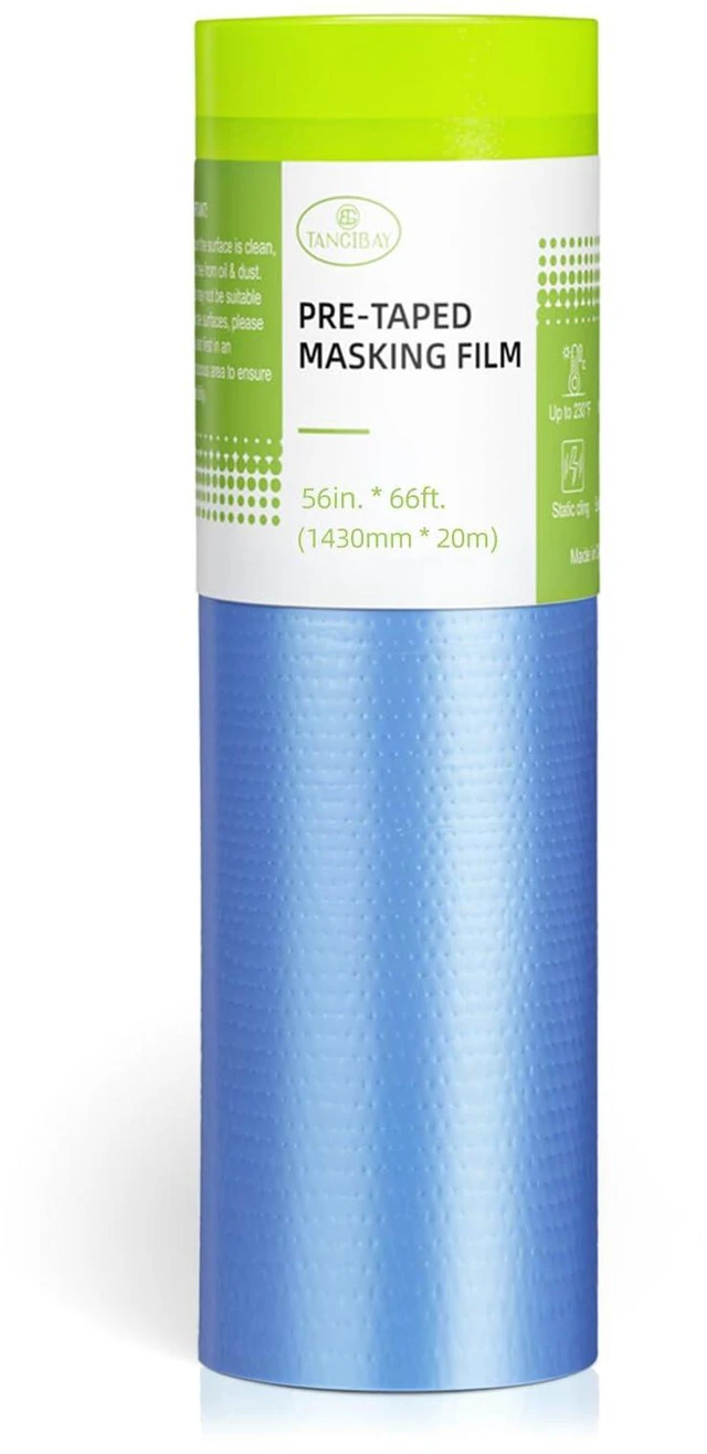 Main image of Pre-Taped Masking Film for Painting - 56" x 66' Painters Plastic Sheeting for House & Automotive Paint, Tape and Drape for Covering Cars, Walls, Windows and Furniture Protection (1 Roll)