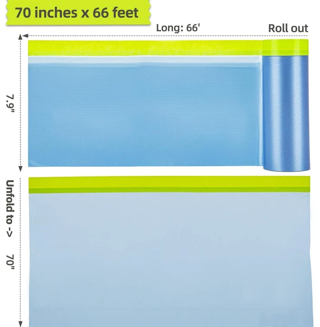Alt view image 2 of 7 - Pre-Taped Masking Film for Painting - 70" x 66' Painters Plastic Sheeting for House & Automotive Paint, Tape and Drape for Covering Cars, Walls, Windows and Furniture Protection (1 Roll)
