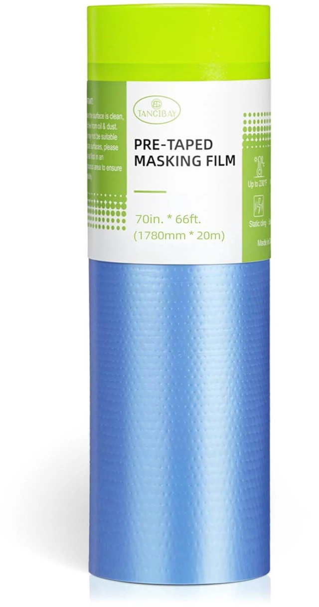 Main image of Pre-Taped Masking Film for Painting - 70" x 66' Painters Plastic Sheeting for House & Automotive Paint, Tape and Drape for Covering Cars, Walls, Windows and Furniture Protection (1 Roll)