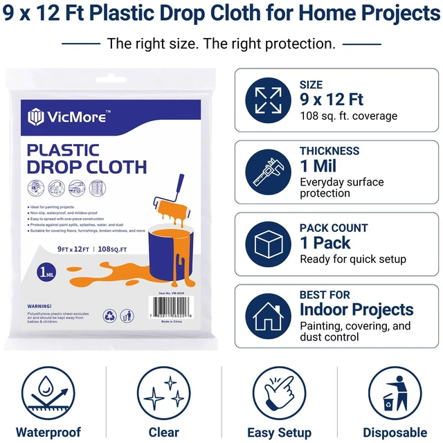 Alt view image 2 of 7 - Clear Plastic Drop Cloth for Painting, 9 x 12 Ft | 1 Mil
