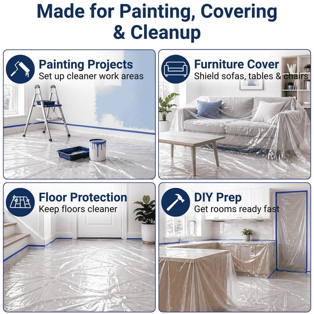 Alt view image 3 of 7 - Clear Plastic Drop Cloth for Painting, 9 x 12 Ft | 1 Mil