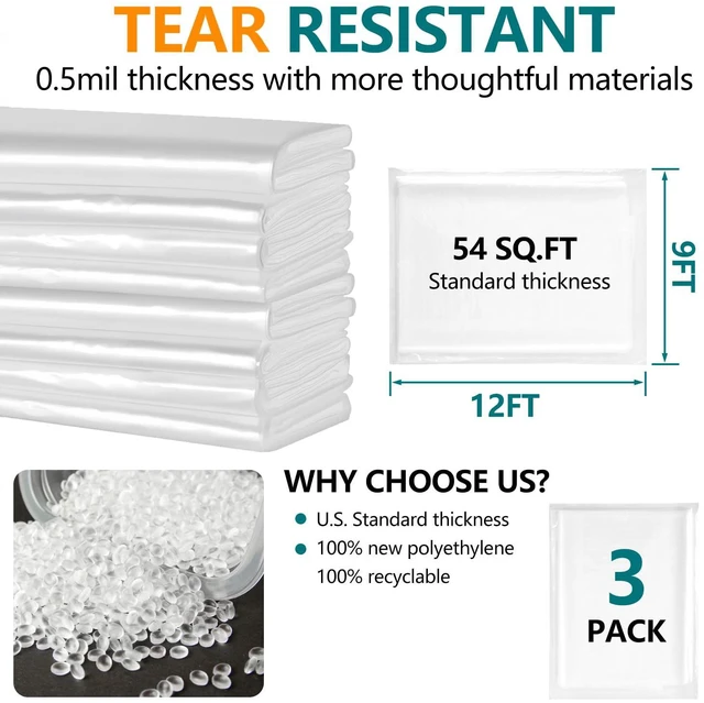 Alt view image 2 of 7 - 3-Pack 12x9ft Plastic Drop Cloths - Disposable Painter's Sheeting for Floor/Furniture/Car Protection,Paint Drop Cloth
