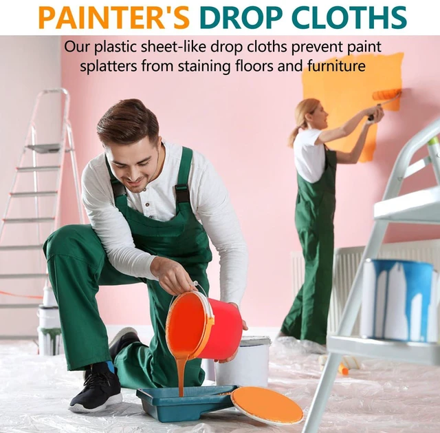 Alt view image 4 of 7 - 3-Pack 12x9ft Plastic Drop Cloths - Disposable Painter's Sheeting for Floor/Furniture/Car Protection,Paint Drop Cloth