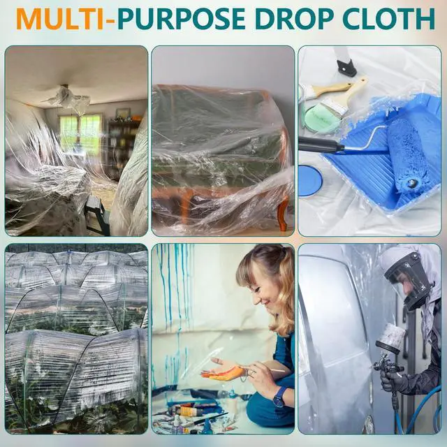 Alt view image 7 of 7 - 3-Pack 12x9ft Plastic Drop Cloths - Disposable Painter's Sheeting for Floor/Furniture/Car Protection,Paint Drop Cloth