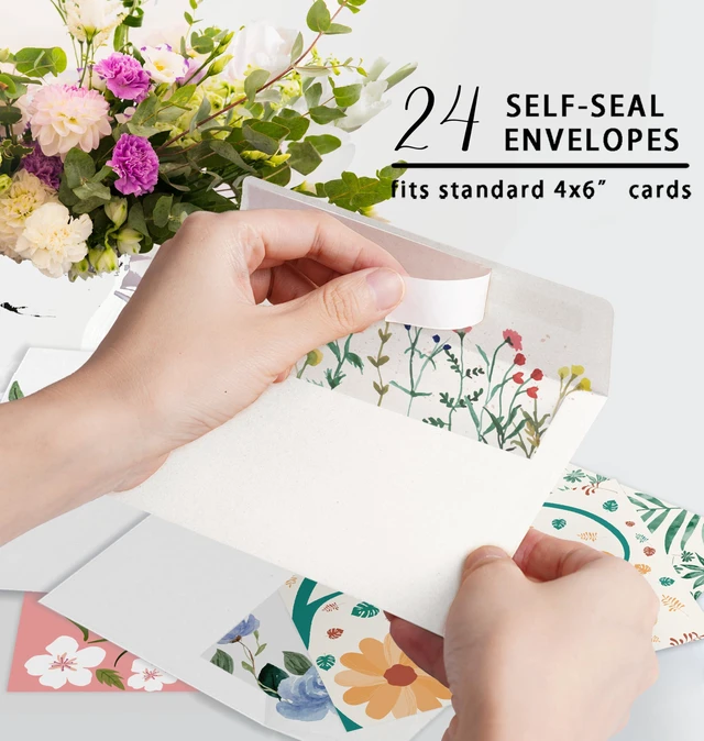 Alt view image 4 of 7 - 24 Pack Floral Blank Greeting Cards with Envelopes, 24 Unique | 4x6 inches, Blank Inside, No Repeats Cards for All Occasion, with 24 Self-adhesive Envelopes in 4 Designs