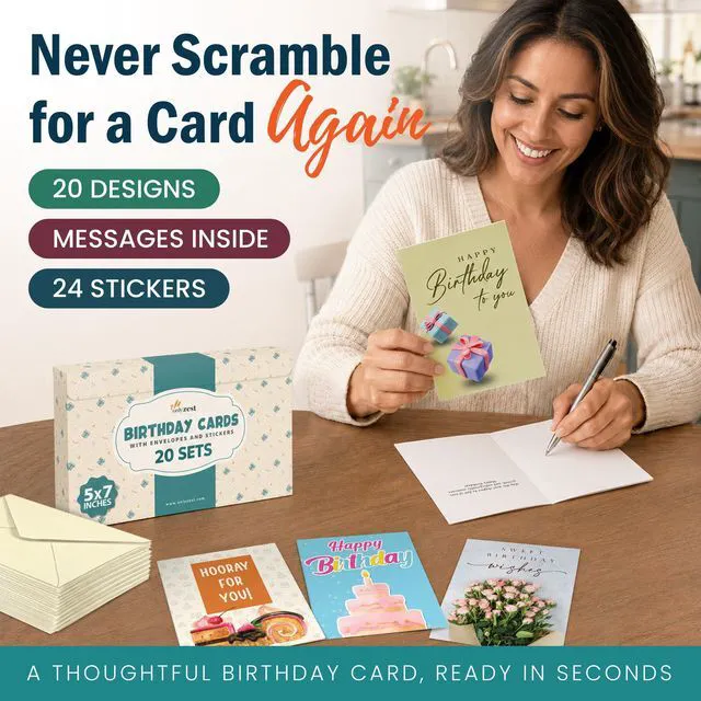 Alt view image 2 of 7 - 5x7 Inch, 20 Pack Assorted Happy Birthday Cards Bulk Boxed Set | Thick Card Assortment with Envelopes & Stickers, Unique Message Inside for Women, Kids, Friends, Office, Work, Family