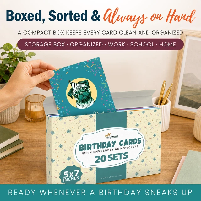 Alt view image 5 of 7 - 5x7 Inch, 20 Pack Assorted Happy Birthday Cards Bulk Boxed Set | Thick Card Assortment with Envelopes & Stickers, Unique Message Inside for Women, Kids, Friends, Office, Work, Family