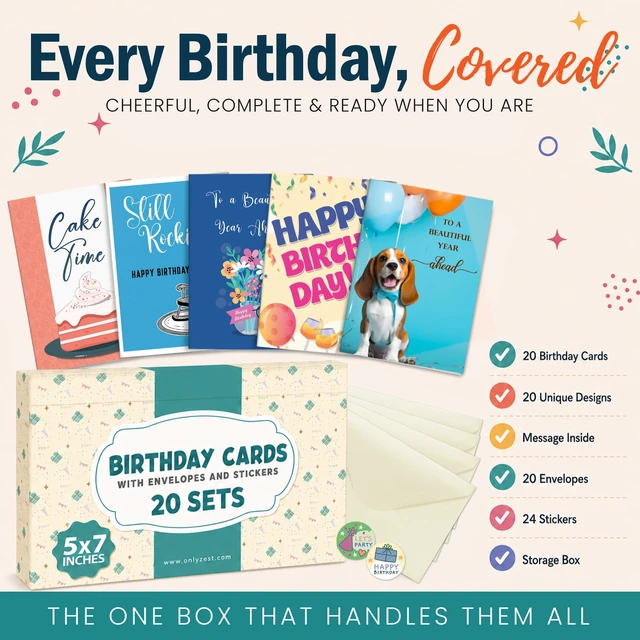Alt view image 6 of 7 - 5x7 Inch, 20 Pack Assorted Happy Birthday Cards Bulk Boxed Set | Thick Card Assortment with Envelopes & Stickers, Unique Message Inside for Women, Kids, Friends, Office, Work, Family