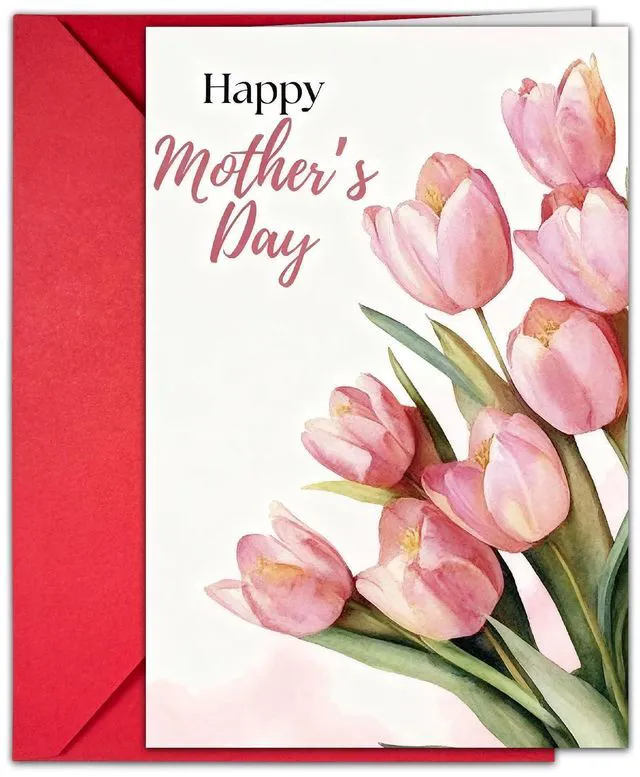 Main image of Elegant Floral Design Blank Greeting Card - Watercolor Tulip Mothers Day Card, Pink Floral Thank You Cards, Female Floral Bday Greeting Cards, Spring Greeting Cards for Mom, Friend, from Son