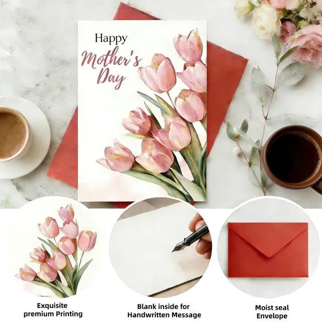 Alt view image 4 of 7 - Elegant Floral Design Blank Greeting Card - Watercolor Tulip Mothers Day Card, Pink Floral Thank You Cards, Female Floral Bday Greeting Cards, Spring Greeting Cards for Mom, Friend, from Son