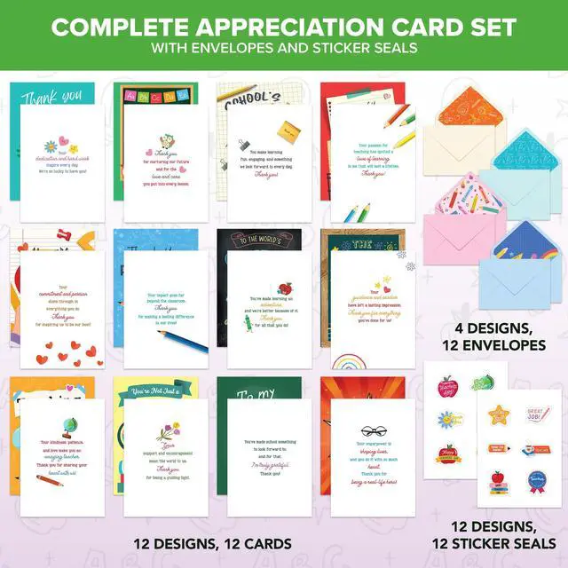 Alt view image 2 of 6 - 12 Pack 5x7in Adorable Teacher Appreciation Cards | Envelopes & Stickers, 12 Cute Thank You Designs for Teachers, Printed Message Inside - Teacher Appreciation, Gifting, Mailing