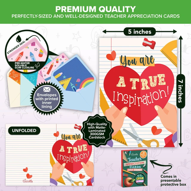 Alt view image 3 of 6 - 12 Pack 5x7in Adorable Teacher Appreciation Cards | Envelopes & Stickers, 12 Cute Thank You Designs for Teachers, Printed Message Inside - Teacher Appreciation, Gifting, Mailing